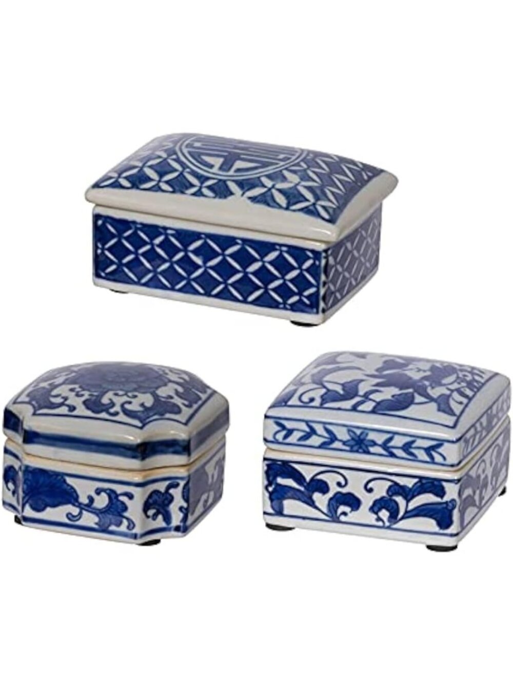 Set of 3 Hand-Painted Blue & White Ceramic Decorative Boxes with Lids - Asian